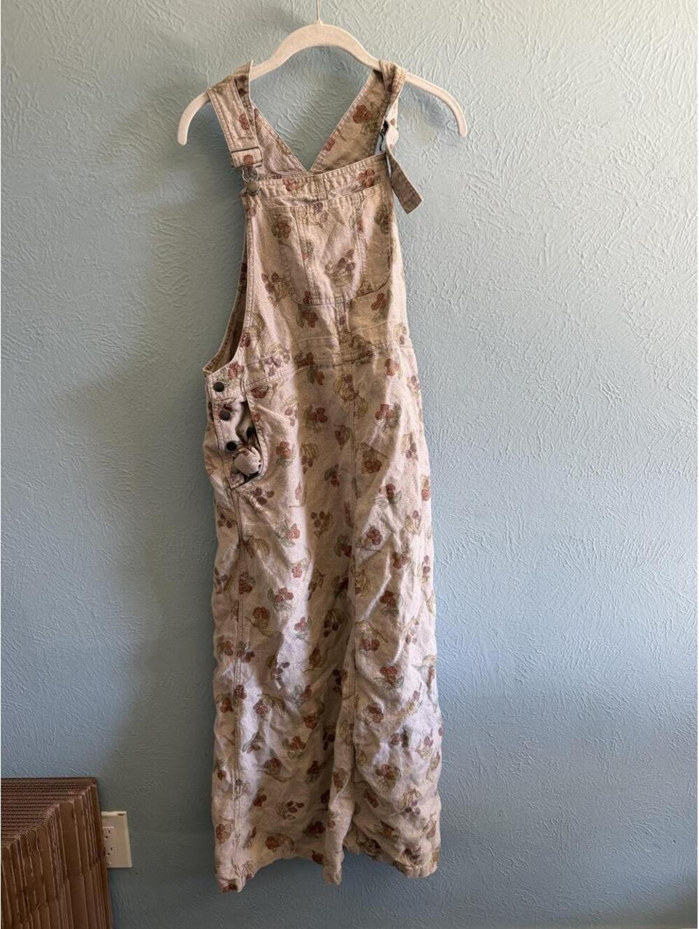 Eddie Bauer brown floral linen overalls dress with pockets, size M #cottagecore